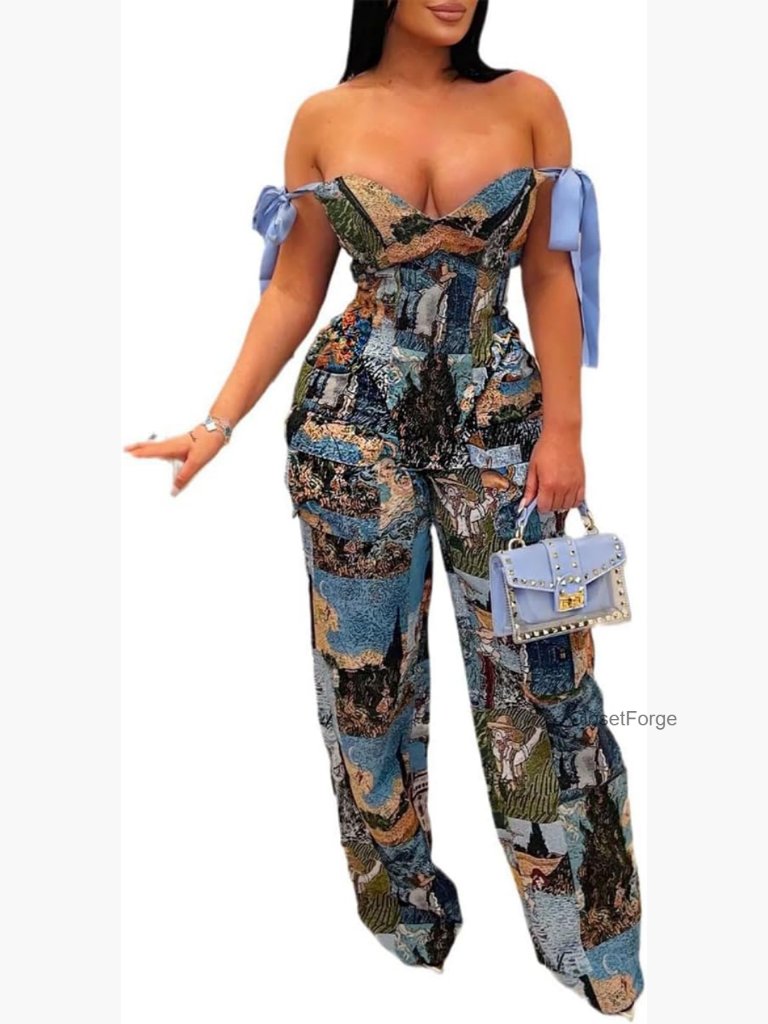Sexy 2 Piece Set Sleeveless Crop Top Wide Leg Pants Party Outfit Women Going Out
